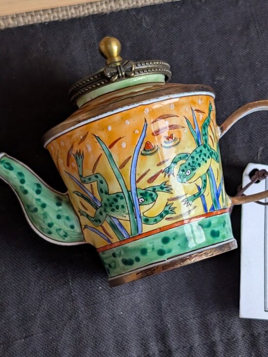 Kelvin Chen Jumping Frogs on Pond Enameled Miniature Teapot with Hinged Lid - Picture 2 of 10